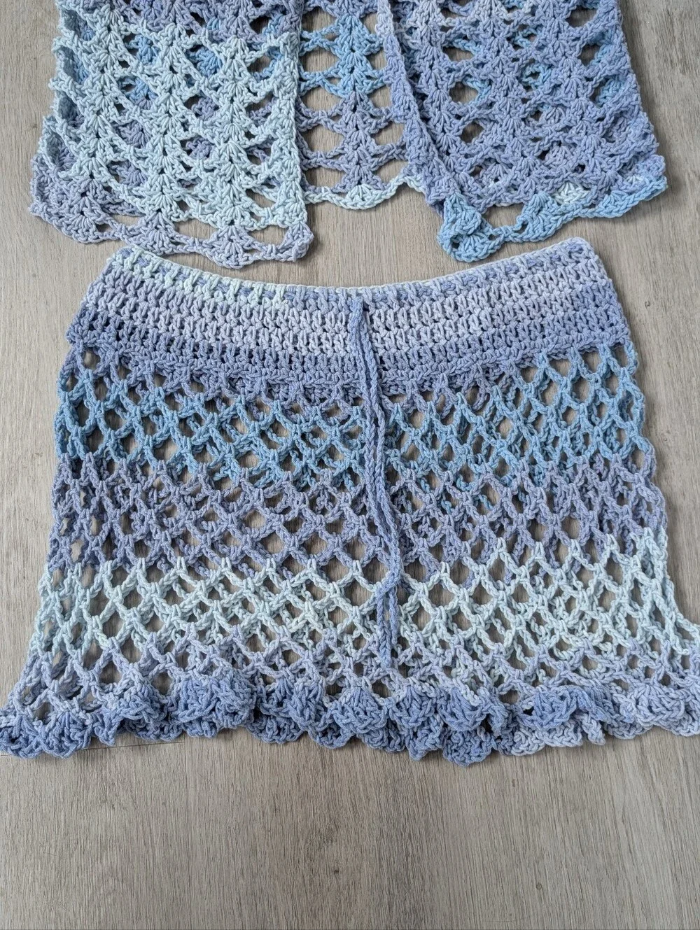 Handmade Boho Festival Crochet Blue Ombré 3-piece Swim Cover Up Set S-M - Picture 4 of 8
